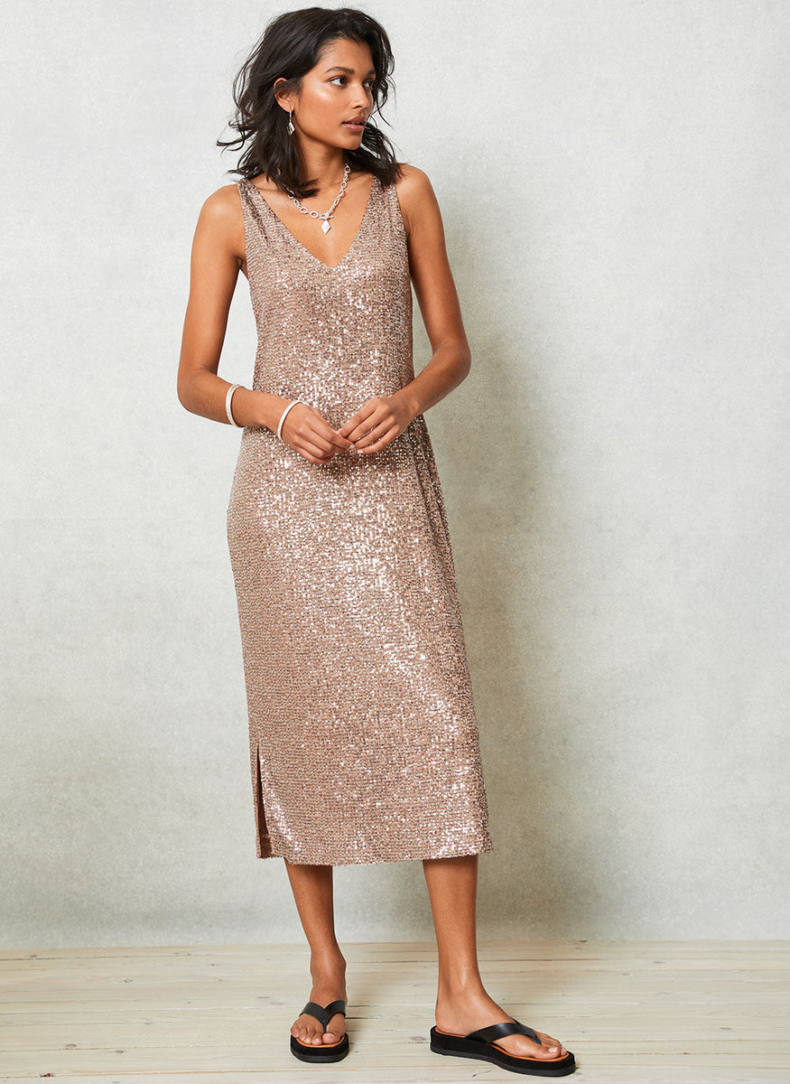 Bronze Sequin Slip Midi Dress – Mint Velvet